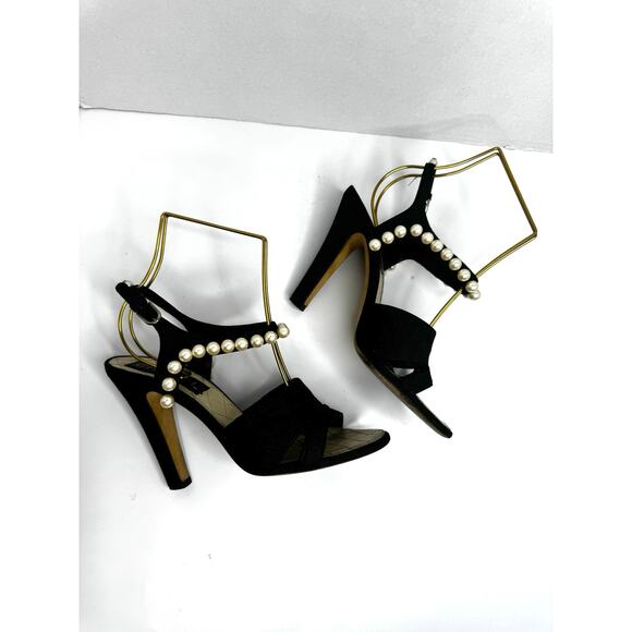 Chanel Black Grosgrain Faux Pearl Sandals EU 37.5 Luxury Designer Slide Sandals - Picture 10 of 12